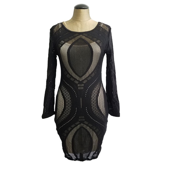 NEW- Black Nude stretchy Bodycon long sleeve dress - Picture 3 of 8